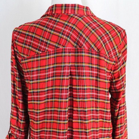 Kut from the Kloth Flannel Shirt Womens M Red Black Plaid Long Roll Tab Sleeve - Picture 6 of 7
